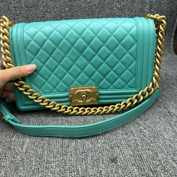 100% Authentic CHANEL Boy Green Leather Shoulder Bag - Luxury Cheaper LLC