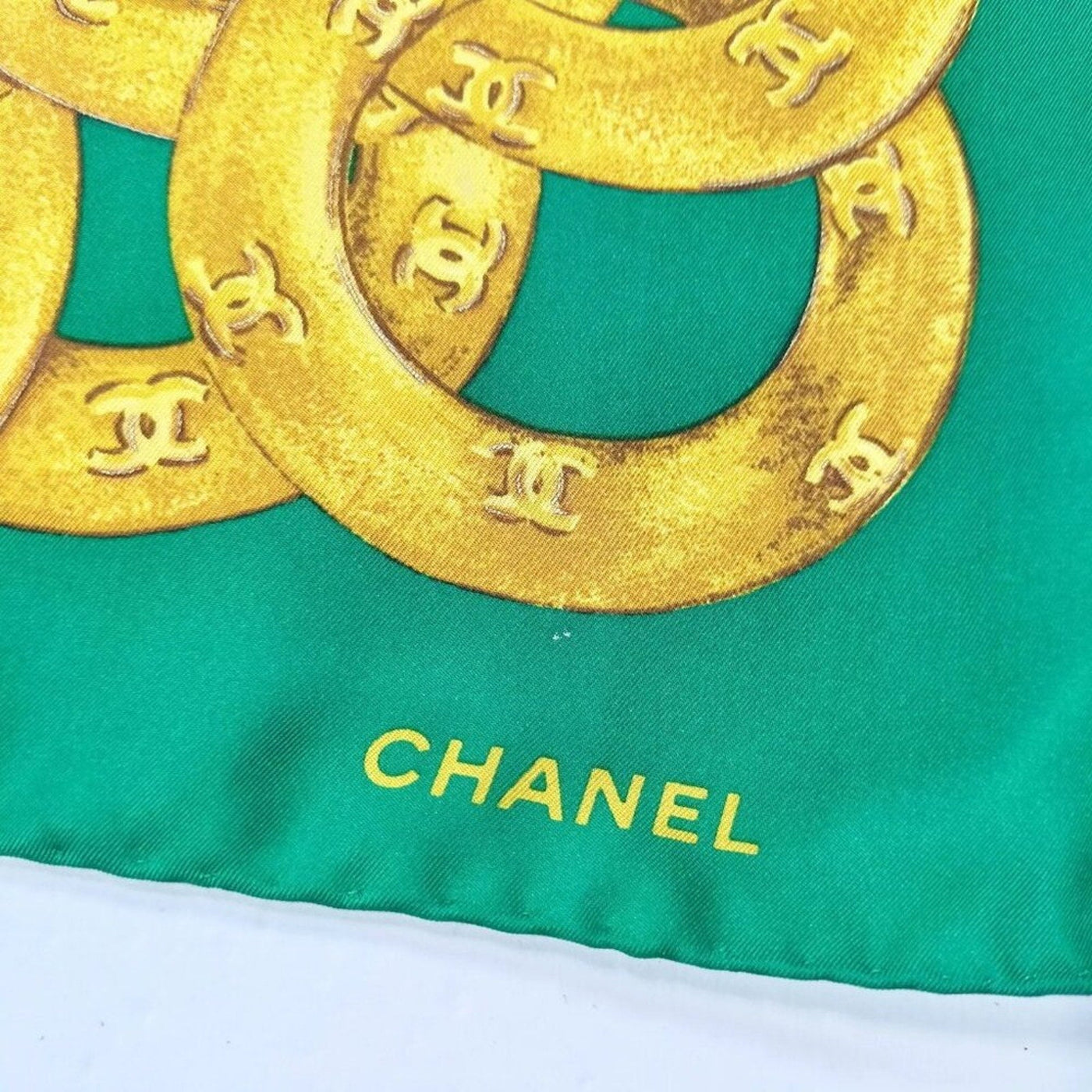 100% Authentic Chanel Greens /Gold Silk100% - Luxury Cheaper LLC