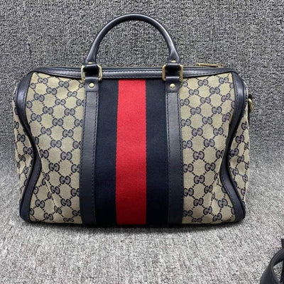 100% Authentic GUCCI Boston Navy GG Cloth Satchel Bag - Luxury Cheaper LLC