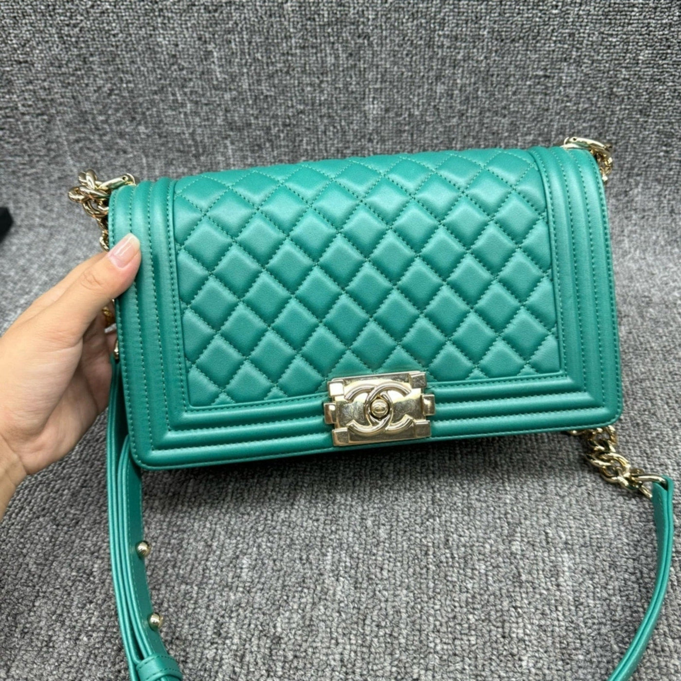 CHANEL Boy Green Leather Shoulder Bag - Luxury Cheaper LLC