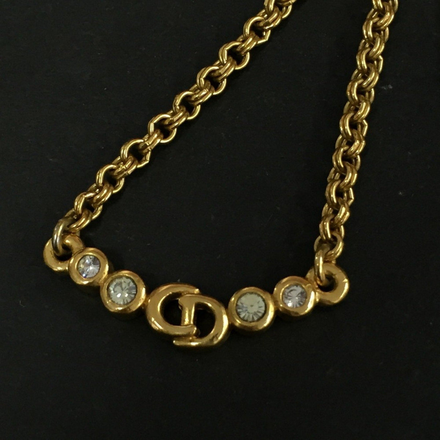Christian Dior CD Logo Rhinestone Gold Tone Pendant Necklace lux70 - 100225 - Luxury Cheaper LLC