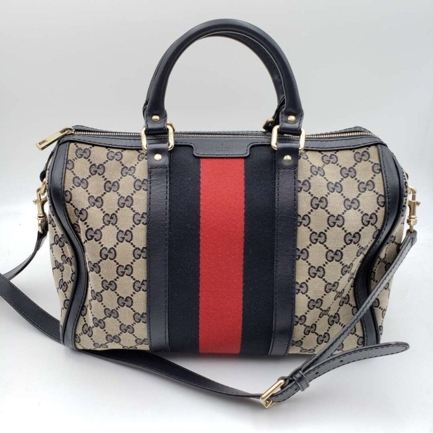 GUCCI Boston Medium Navy GG Cloth Satchel Bag - Luxury Cheaper LLC