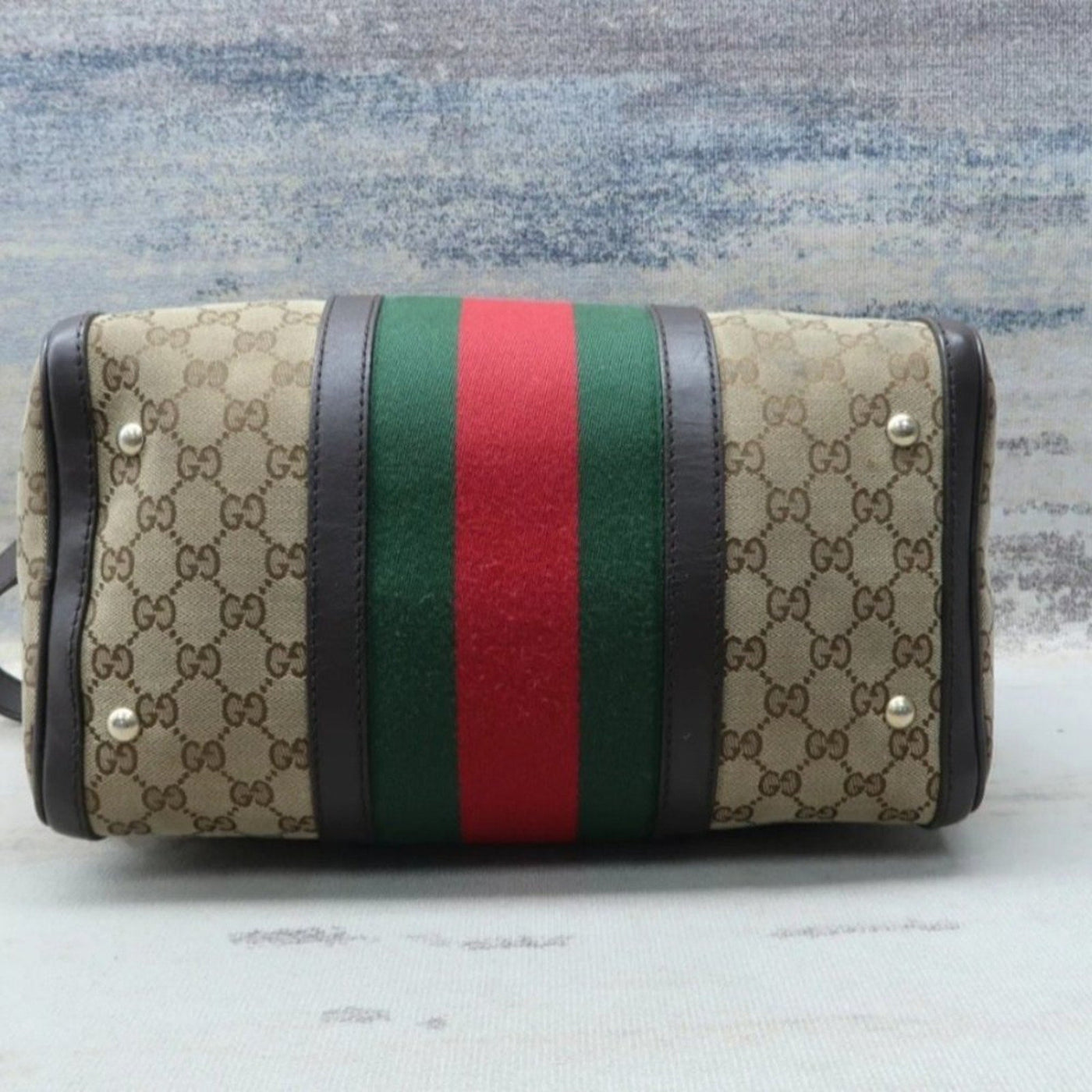 Gucci Boston Web Brown Canvas Satchel Bag - Luxury Cheaper LLC