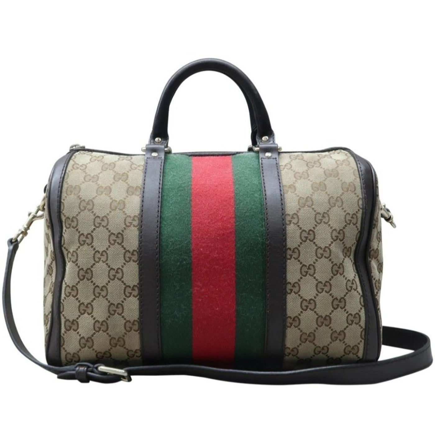 Gucci Boston Web Brown Canvas Satchel Bag - Luxury Cheaper LLC