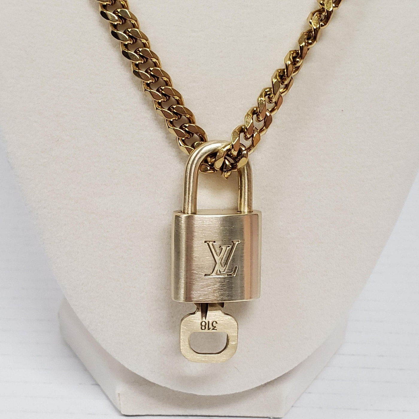 Louis Vuitton Lock & Key Gold with Unbranded Cuban Style Stainless Double Chain - Luxury Cheaper LLC