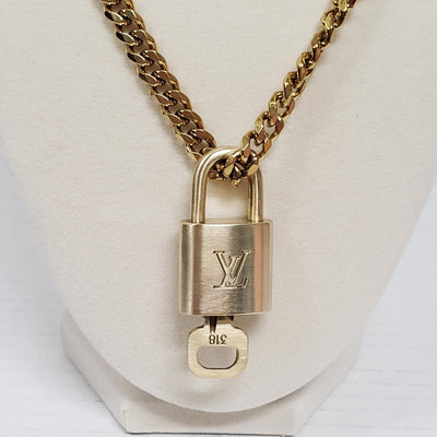 Louis Vuitton Lock & Key Gold with Unbranded Cuban Style Stainless Double Chain - Luxury Cheaper LLC