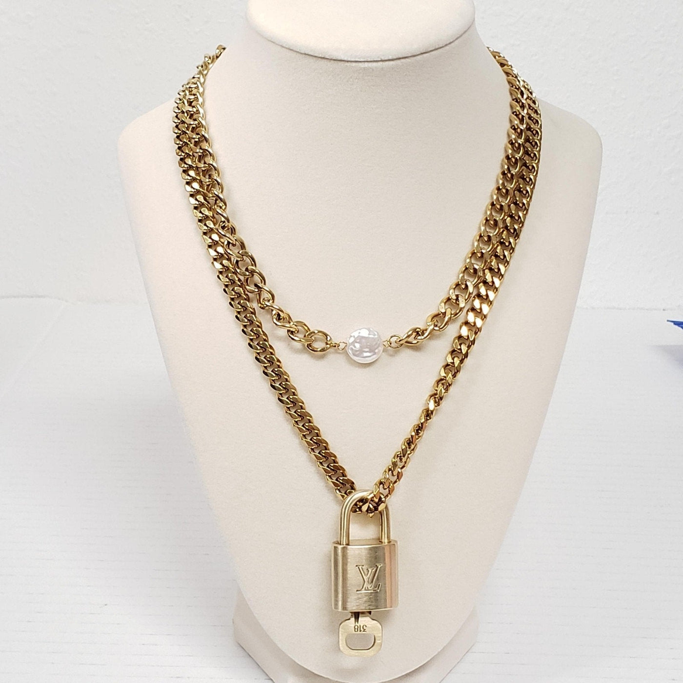Louis Vuitton Lock & Key Gold with Unbranded Cuban Style Stainless Double Chain - Luxury Cheaper LLC
