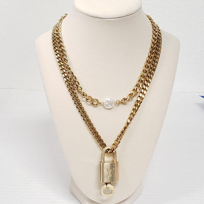 Louis Vuitton Lock & Key Gold with Unbranded Cuban Style Stainless Double Chain - Luxury Cheaper LLC