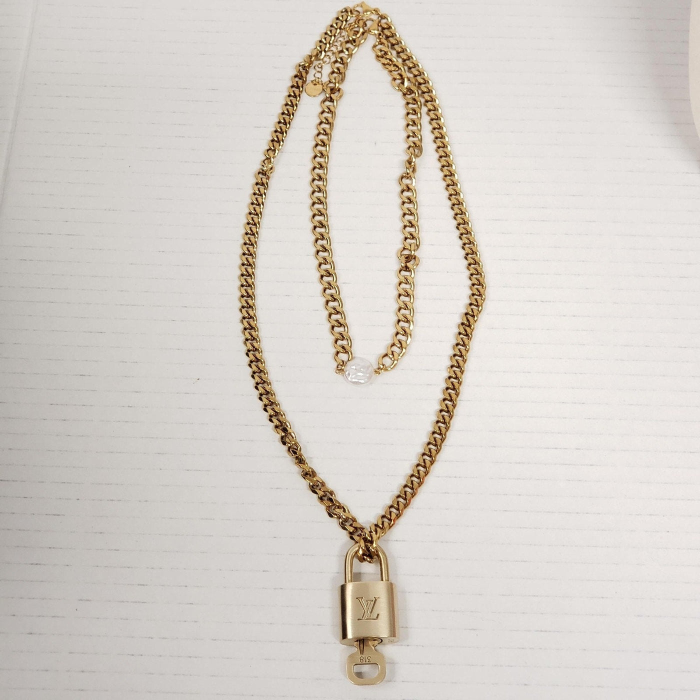 Louis Vuitton Lock & Key Gold with Unbranded Cuban Style Stainless Double Chain - Luxury Cheaper LLC
