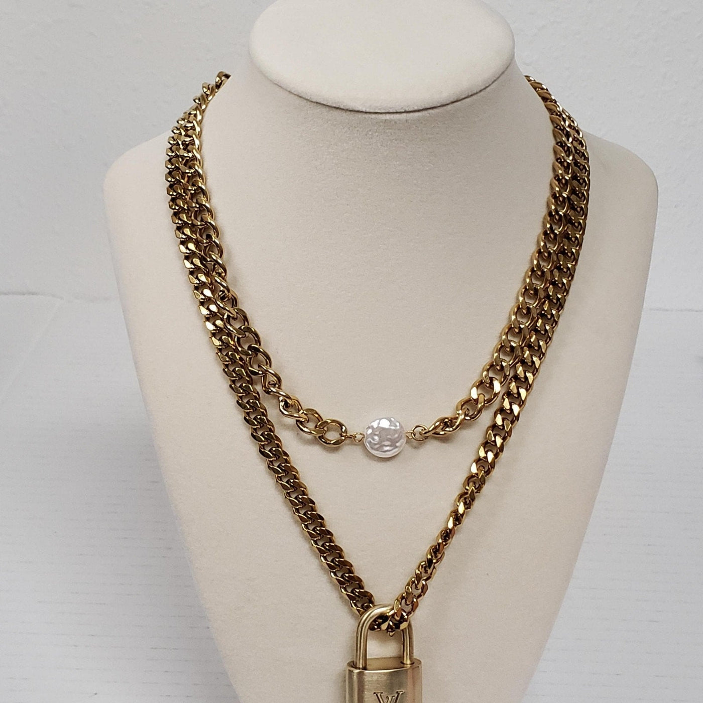 Louis Vuitton Lock & Key Gold with Unbranded Cuban Style Stainless Double Chain - Luxury Cheaper LLC