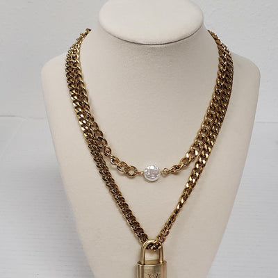 Louis Vuitton Lock & Key Gold with Unbranded Cuban Style Stainless Double Chain - Luxury Cheaper LLC
