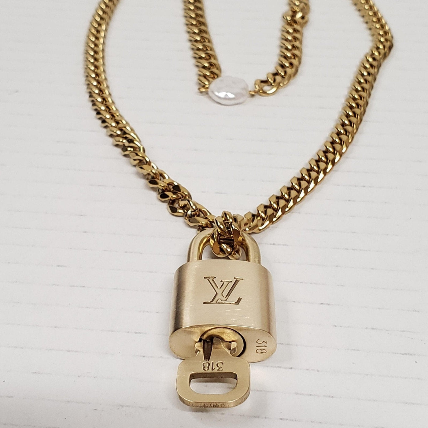 Louis Vuitton Lock & Key Gold with Unbranded Cuban Style Stainless Double Chain - Luxury Cheaper LLC