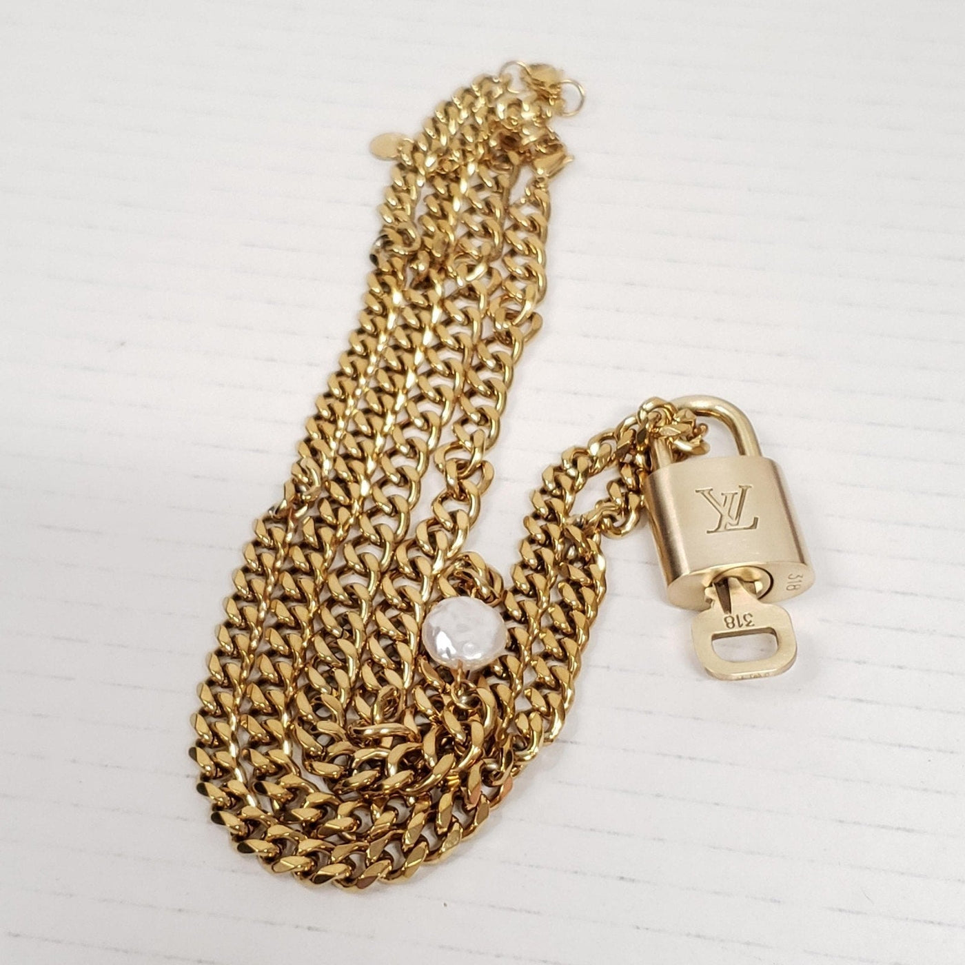 Louis Vuitton Lock & Key Gold with Unbranded Cuban Style Stainless Double Chain - Luxury Cheaper LLC