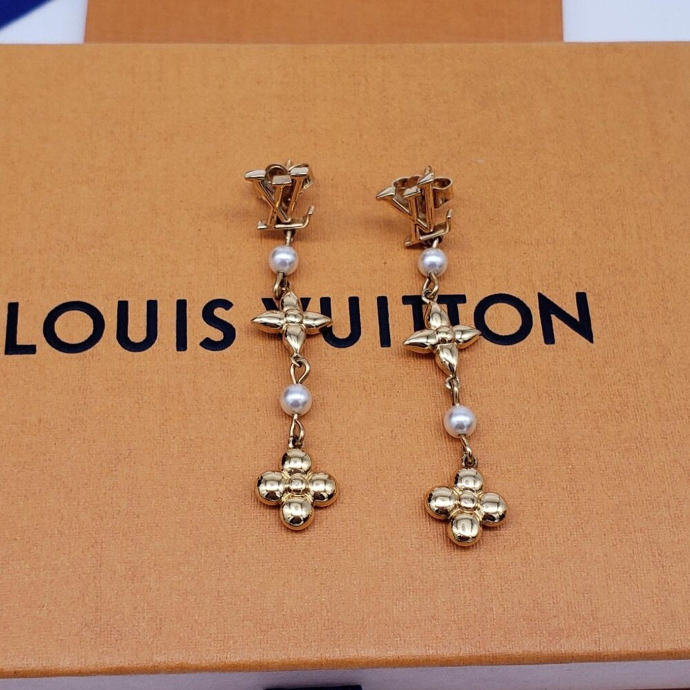 Louis Vuitton Metal Pearl Louisa Drop Earrings in gold - tone metal w/faux pearl - Luxury Cheaper LLC