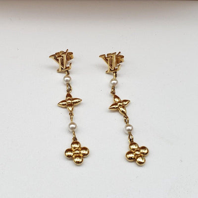 Louis Vuitton Metal Pearl Louisa Drop Earrings in gold - tone metal w/faux pearl - Luxury Cheaper LLC
