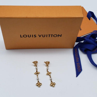Louis Vuitton Metal Pearl Louisa Drop Earrings in gold - tone metal w/faux pearl - Luxury Cheaper LLC