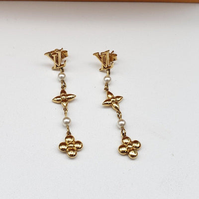 Louis Vuitton Metal Pearl Louisa Drop Earrings in gold - tone metal w/faux pearl - Luxury Cheaper LLC