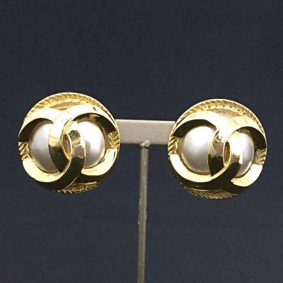 CHANEL CC Logo Gold Tone Pearl Earrings - Luxury Cheaper
