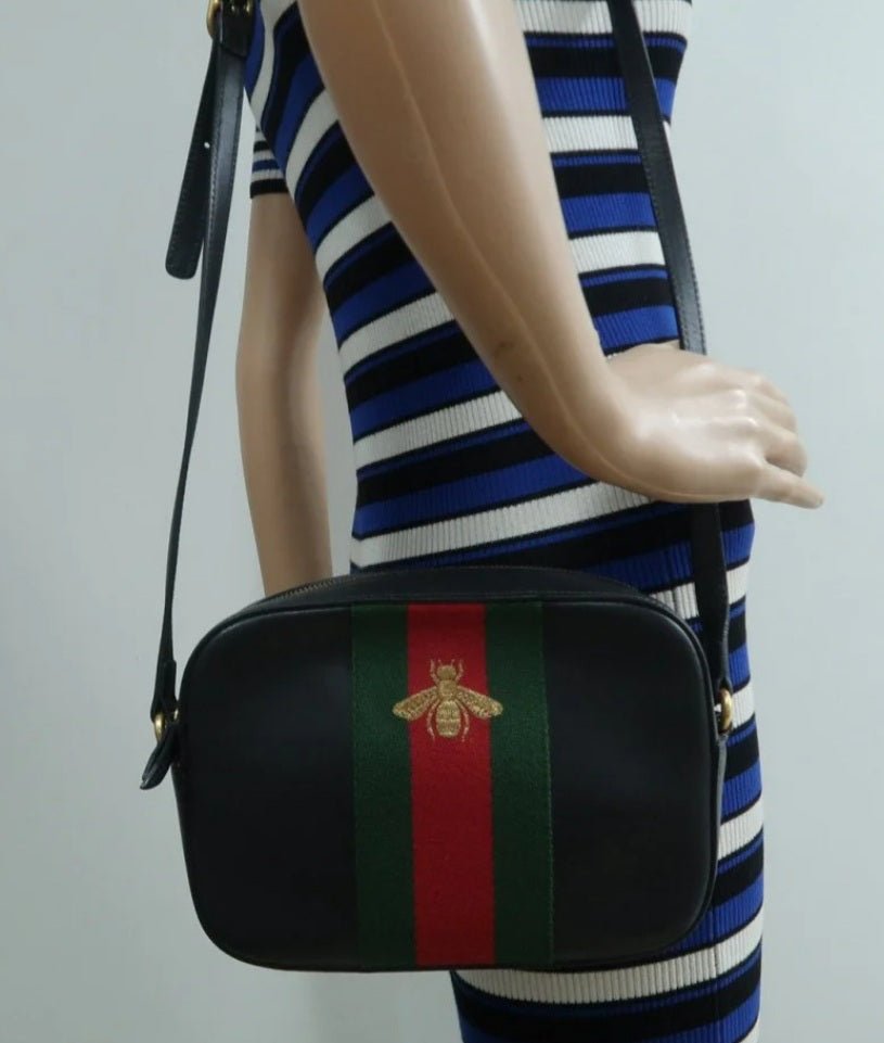 Gucci Bee Camera Black Leather Cross Body Bag - Luxury Cheaper