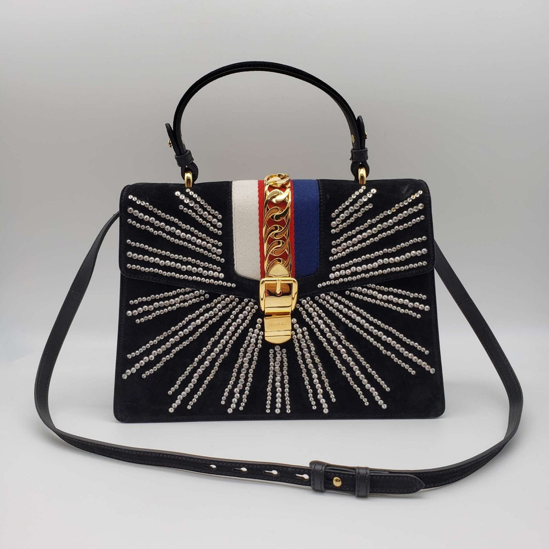 Gucci Sylvie Black Satin and Crystal Vintage Web Shoulder Bag Luxury Cheaper LLC