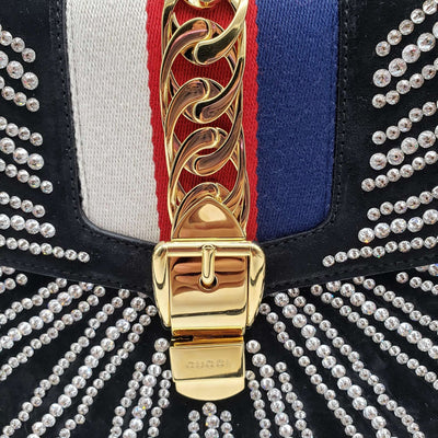 Gucci Sylvie Black Satin and Crystal Vintage Web Shoulder Bag - Luxury Cheaper