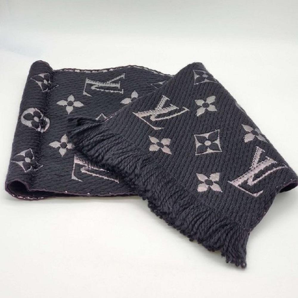 Louis Vuitton Stories Logomania Embellished Muffler Scarf Black Wool Silk  Knit