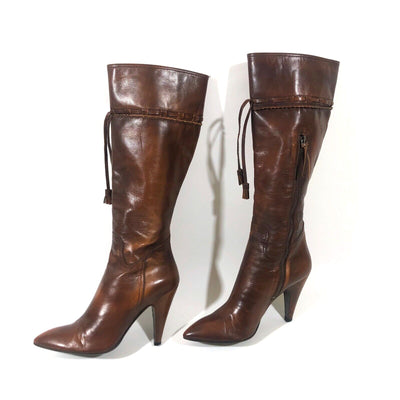 MIU MIU KNEE HIGH BROWN LEATHER BOOTS - Luxury Cheaper