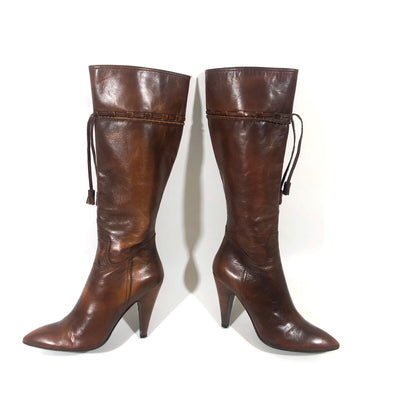 MIU MIU KNEE HIGH BROWN LEATHER BOOTS - Luxury Cheaper