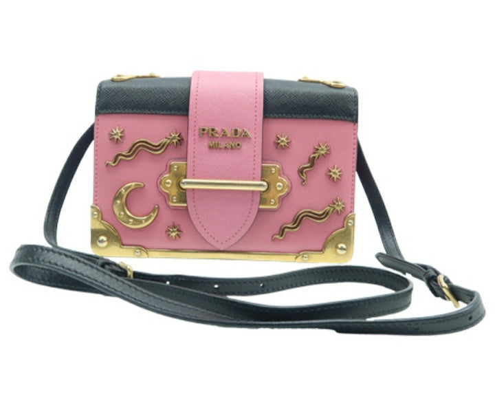 Prada Cahier Pink Black Leather Shoulder Bag Luxury Cheaper LLC