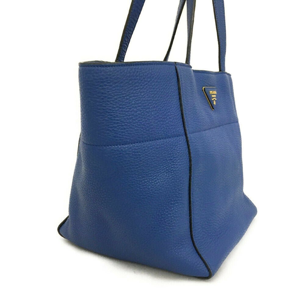 PRADA Logo Plate Blue Leather Tote Bag - Luxury Cheaper