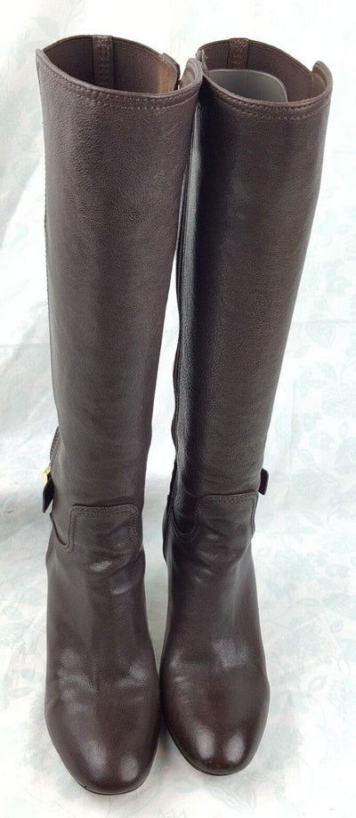 Tory Burch Brown Leather Gold Buckle High Heel Knee High Boots - Luxury Cheaper
